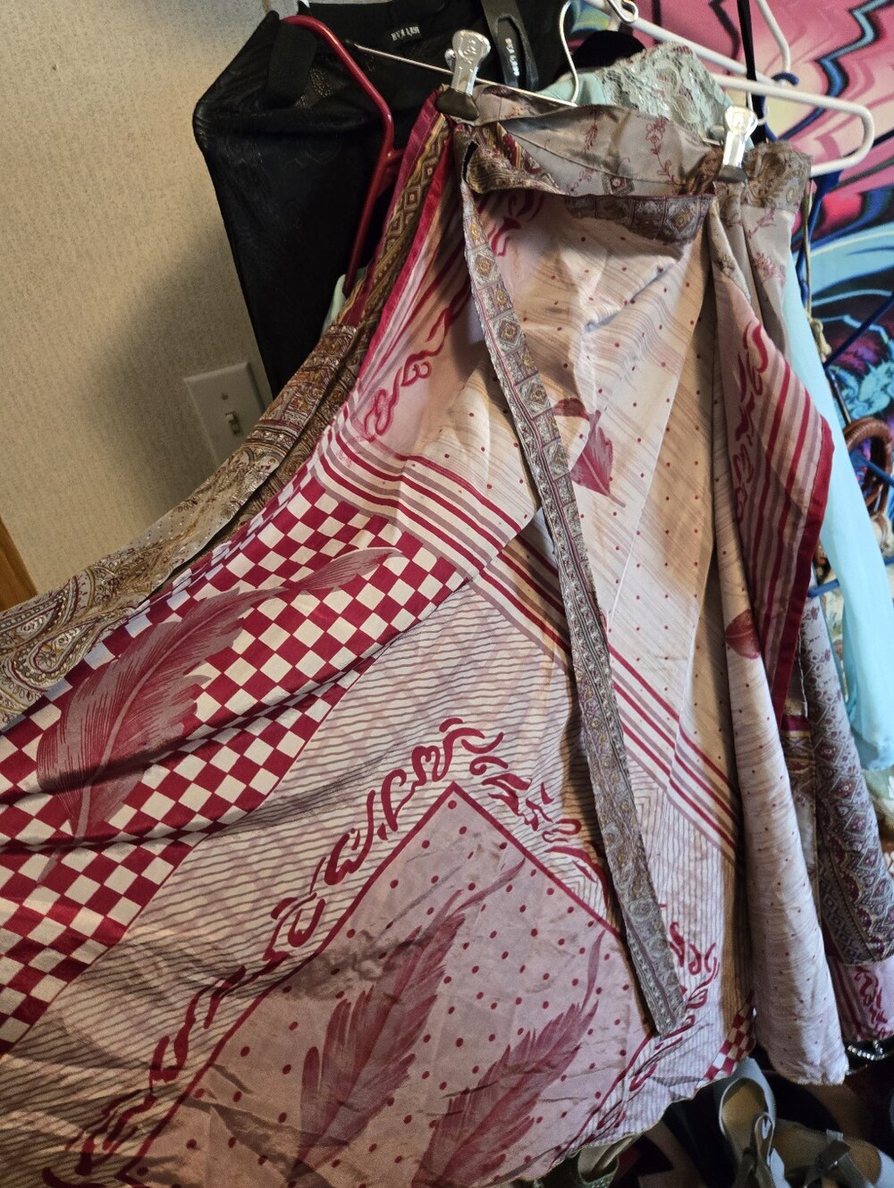 Boho Max Silk Wrap Aroundi Skirt in Burgundy and Cream Made In India
